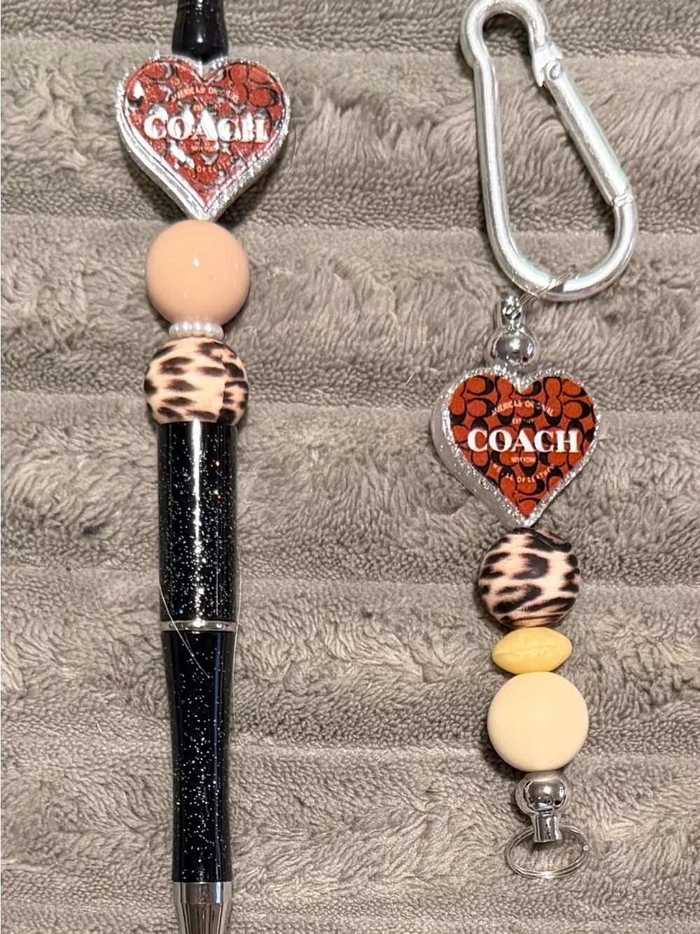 COACH Orange Heart Beaded Key & Card Holder with Beige and Leopard Accents